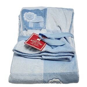 Amy Coe Mod Baby Blue Blanket Lion Patchwork Squares Soft Minky NEW VTG Y2K